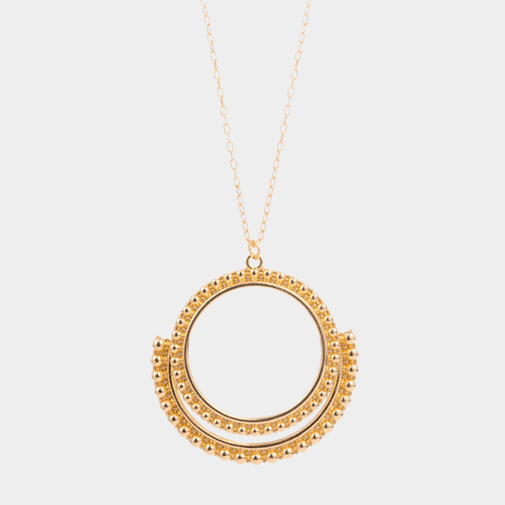 Madeline Love Gold Bubble Textured Geometric Open Metal Circle Pendant Long Necklace - Necklaces