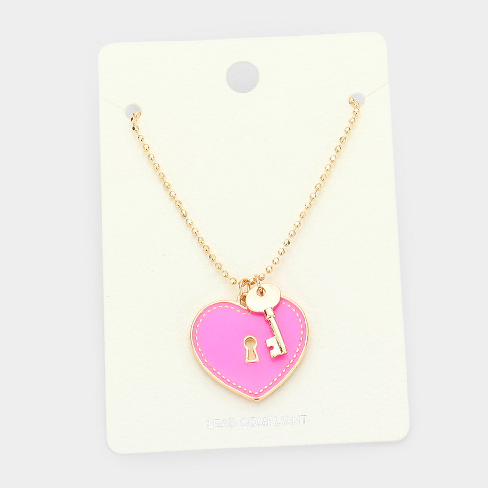 Madeline Love Pink Enamel Heart Lock Metal Key Pendant Necklace - Necklaces