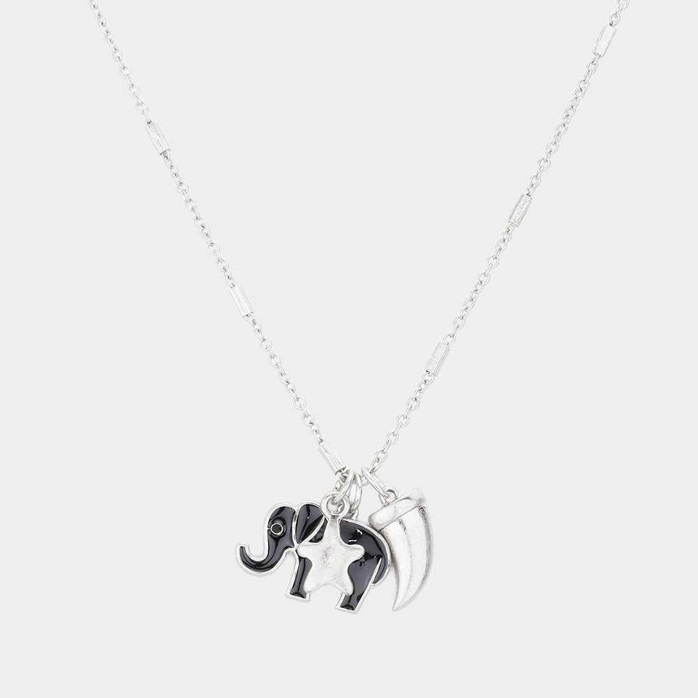 Madeline Love Worn Silver Enamel Elephant Metal Horn Star Pendant Necklace - Necklaces