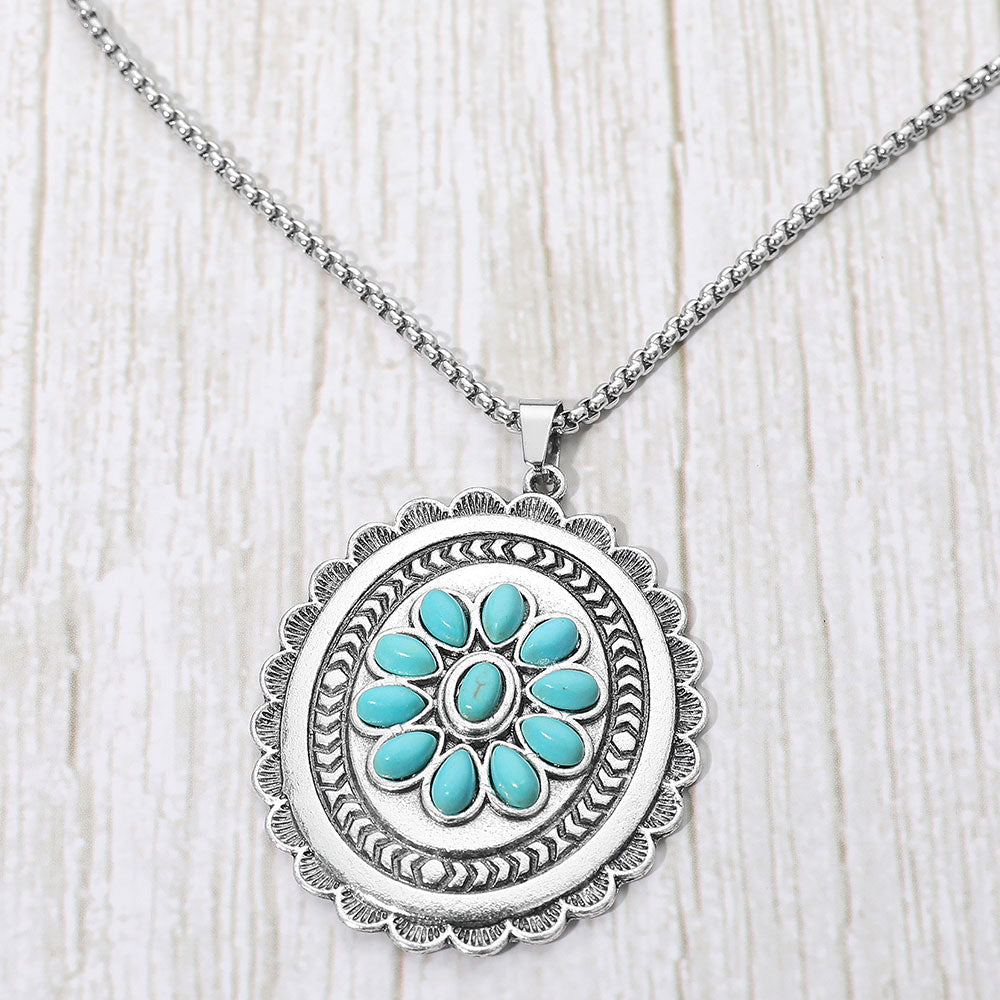 Madeline Love Antique Silver, Turquoise Vintage Floral Stone Accent Oval Medallion Pendant Necklace - Jewelry