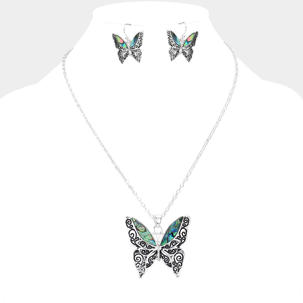 Madeline Love Abalone, Antique Silver Abalone Butterfly Pendant Necklace - Necklaces