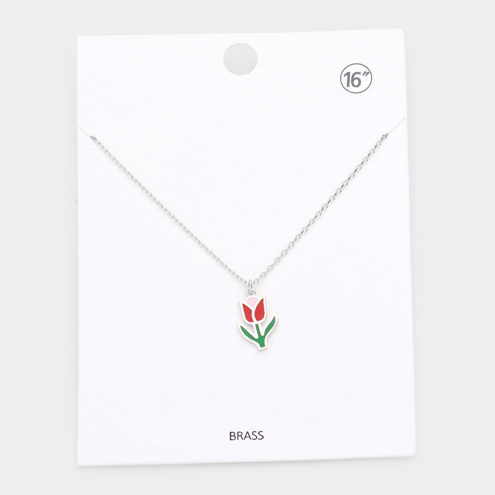 Madeline Love Rhodium Brass Metal Enamel Tulip Flower Pendant Necklace - Necklaces
