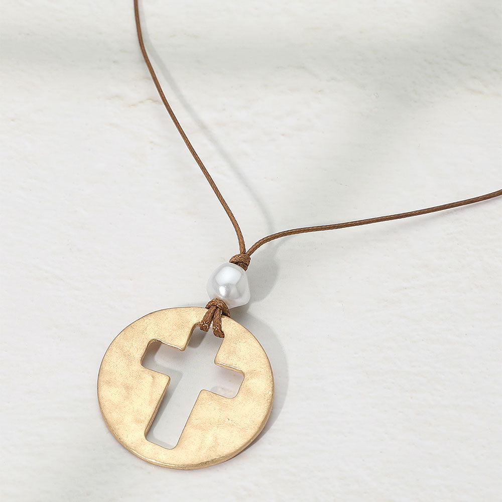 Madeline Love Worn Gold Hammered Brushed Metal Open Cross Medallion Pendant Cord Necklace - Jewelry