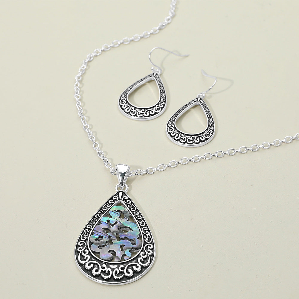 Madeline Love Abalone, Antique Silver Intricate Scrollwork Abalone Teardrop Pendant Necklace - Jewelry