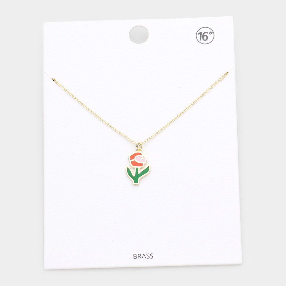 Madeline Love Gold Brass Metal Enamel Rose Flower Pendant Necklace - Necklaces