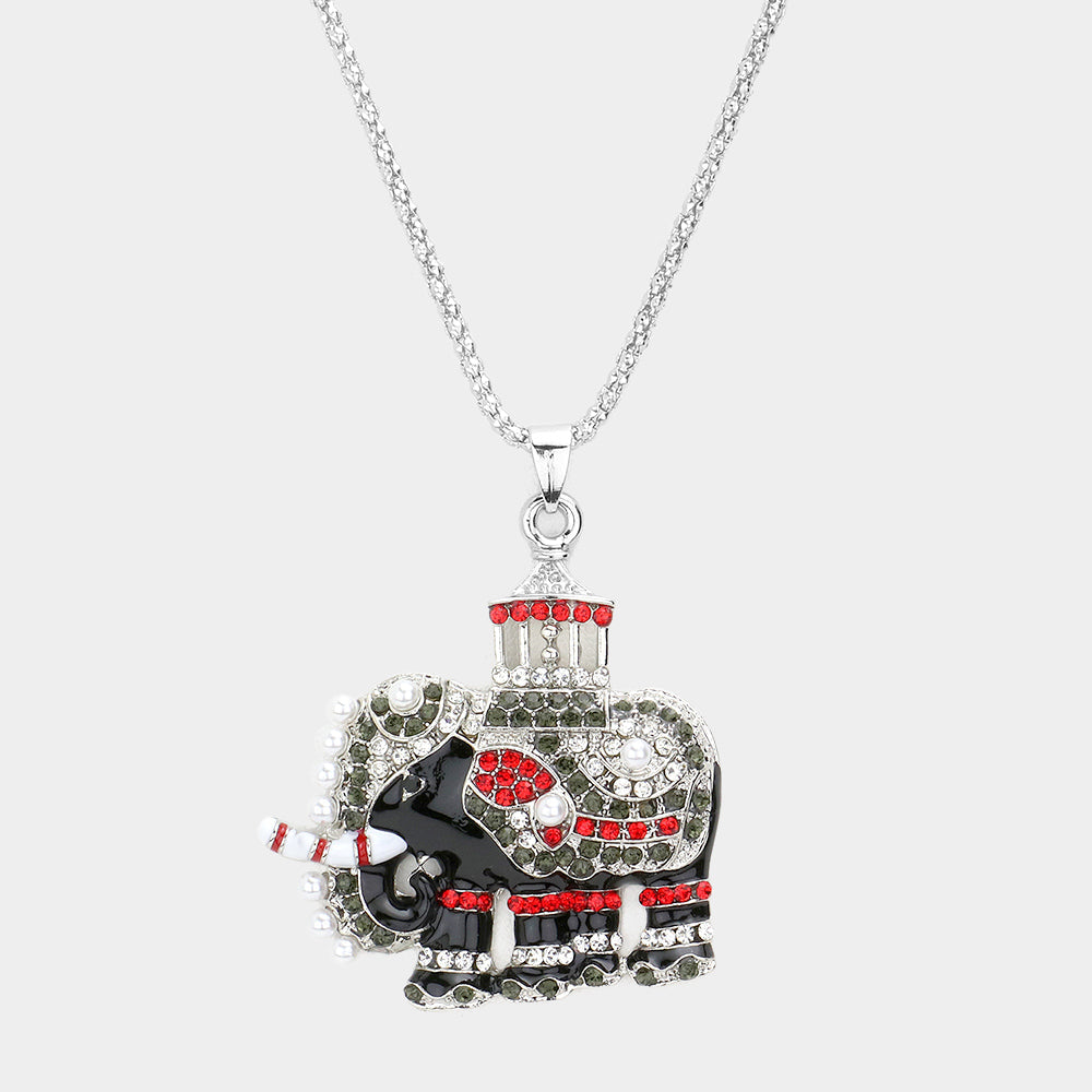 Madeline Love Black, Rhodium Pave Glass Crystal Pearl Accented ELEPHANT Pendant Necklace - Necklaces