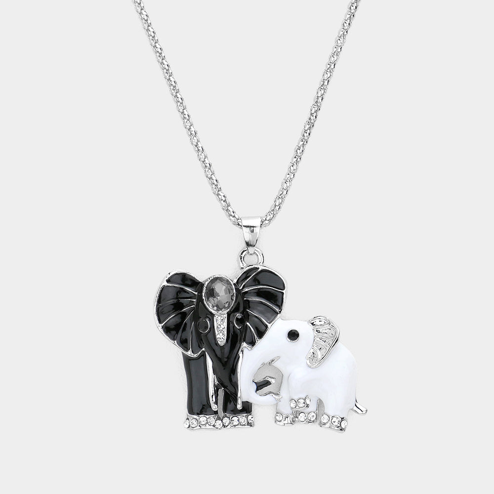 Madeline Love Black, Rhodium, White Oval Stone Accented Enamel Elephant Pendant Necklace - Necklaces