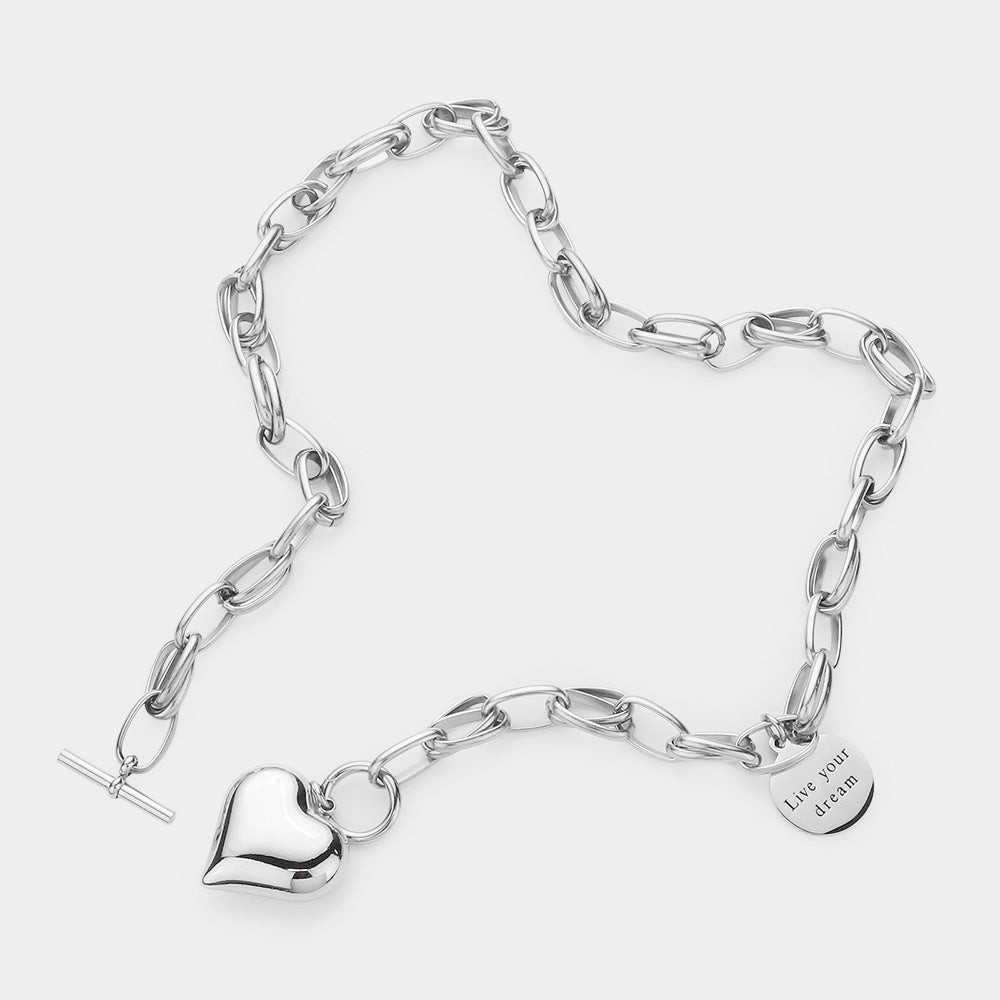 Metal Heart Pendant Live Your Dream Message Charm Chain Toggle Necklace - Necklaces
