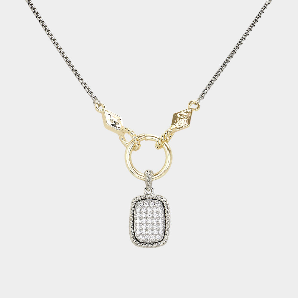 Madeline Love Two Tone 14K Gold Plated Two Tone CZ Stone Paved Rectangle Pendant Necklace - Jewelry