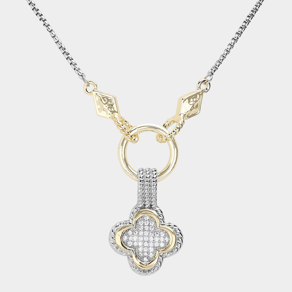 Madeline Love Two Tone 14K Gold Plated Two Tone CZ Stone Paved Quatrefoil Pendant Necklace - Jewelry