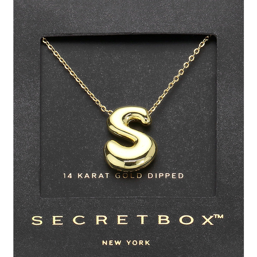 Madeline Love Gold SECRET BOX_ -S- 14K Gold Dipped Bubble Initial Monogram Pendant Necklace - Jewelry