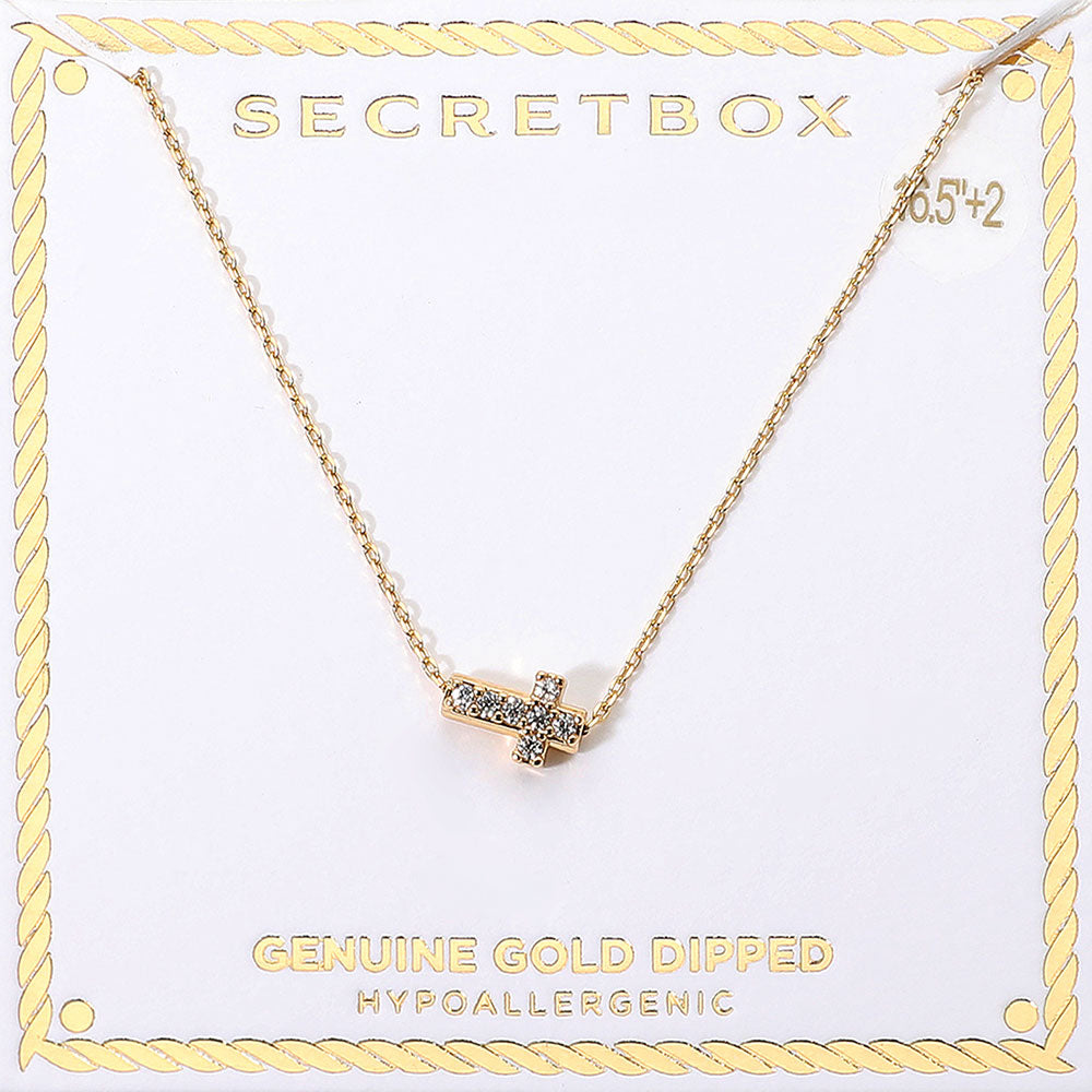 Madeline Love Gold SECRET BOX_Genuine Gold Dipped Hypoallergenic Stone Paved Cross Pendant Necklace - Jewelry