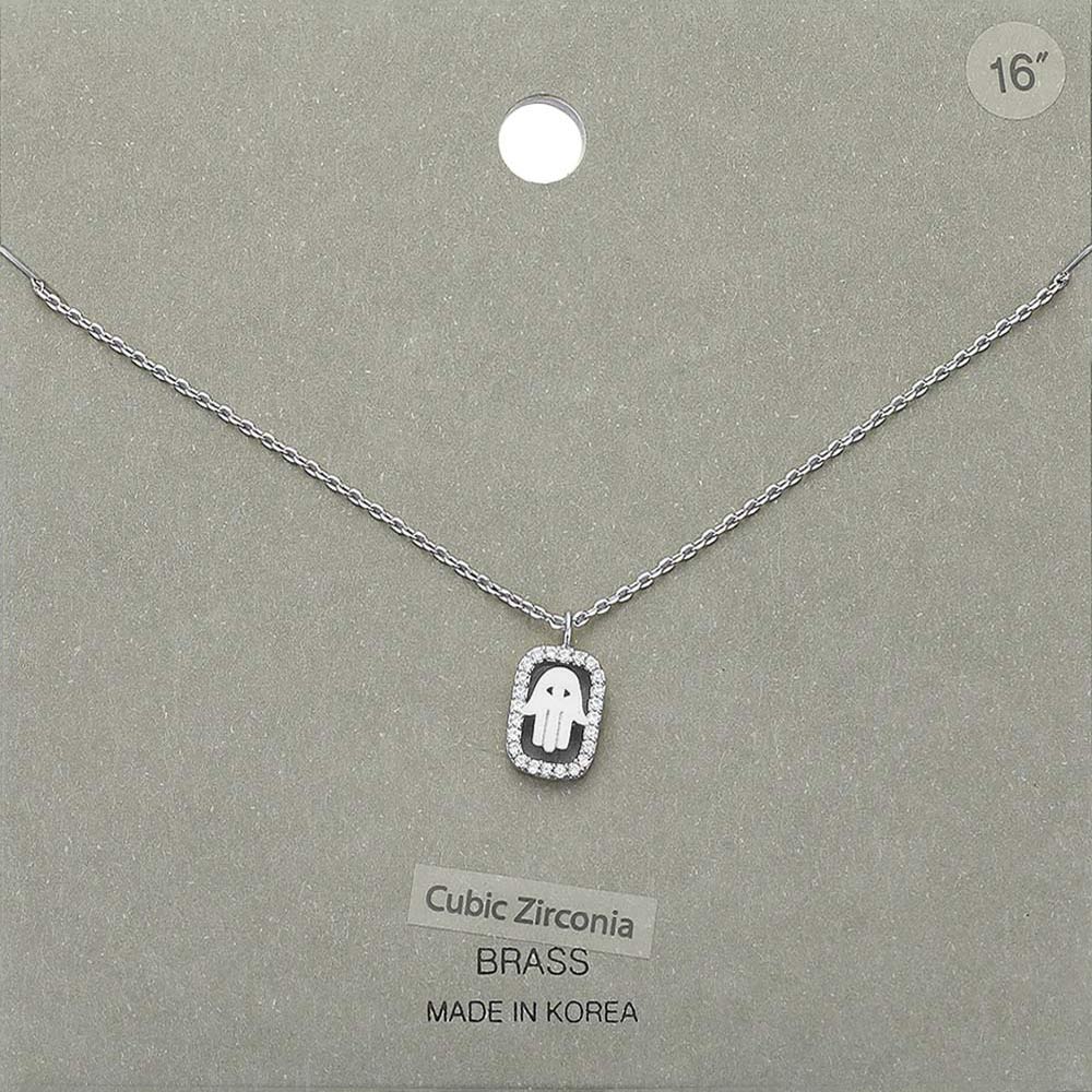 Madeline Love Clear, Rhodium CZ Embellished Brass Metal Hamsa Hand Pendant Necklace - Necklaces