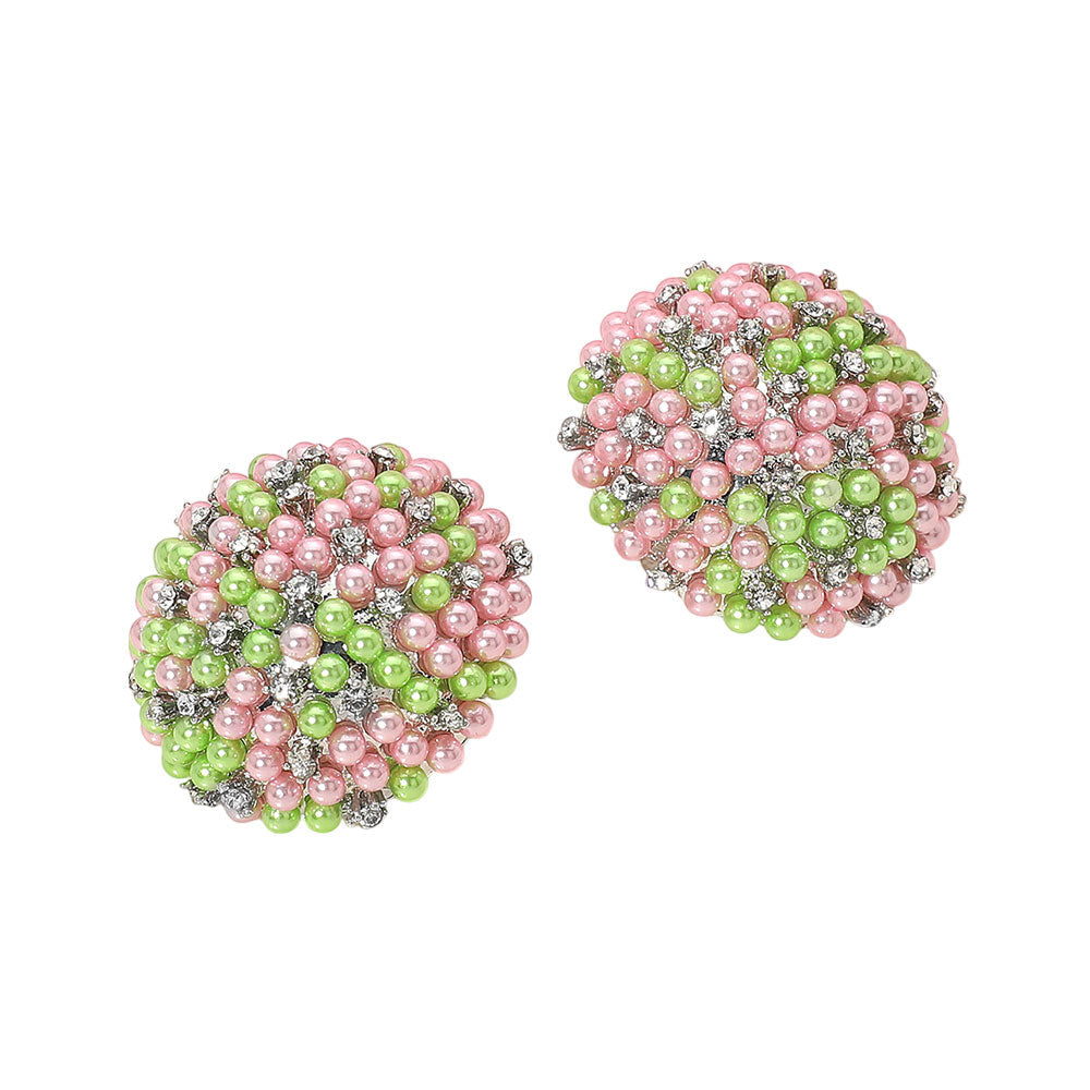 Madeline Love Pink&Green, Silver Beaded Pearl Rhinestone Embellished Dome Earrings - desc
