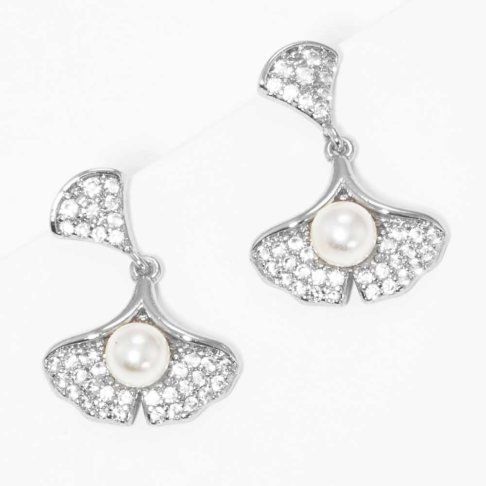 Madeline Love Rhodium, White Pearl Accented CZ White Gold Dipped Ginkgo Leaf Dangle Earrings