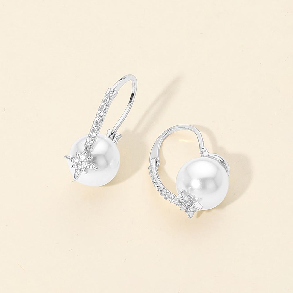 Madeline Love Cream, Silver Rhinestone Star Accent Pearl Drop Earrings