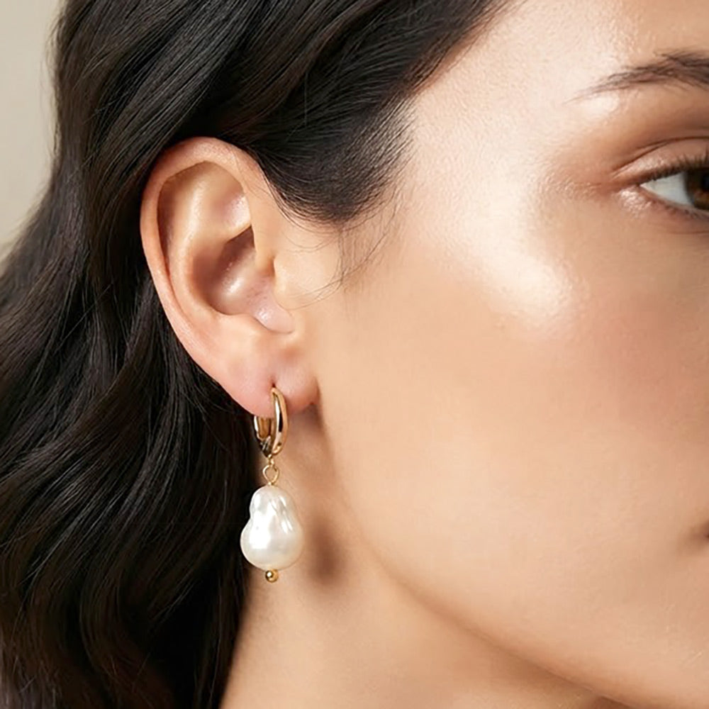 Madeline Love Cream, Gold 18K Gold Dipped Baroque Freshwater Pearl Charm Drop Huggie Hoop Earrings