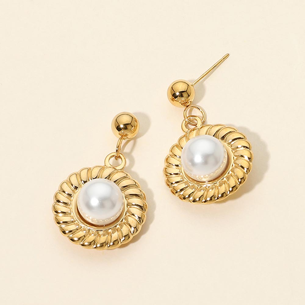 Madeline Love Cream, Gold Stainless Steel Textured Frame Round Pearl Drop Earrings
