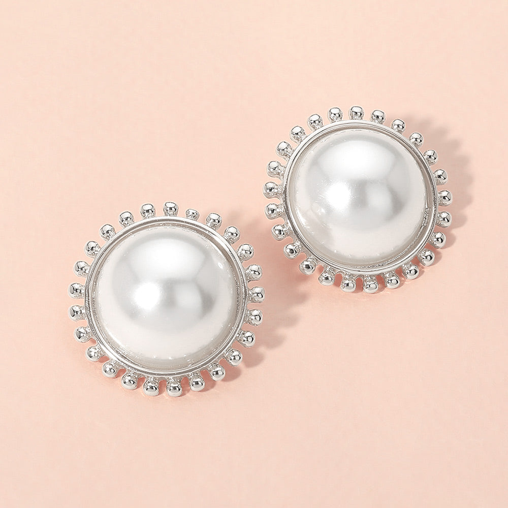 Madeline Love Rhodium, White Beaded Frame Classic Pearl Stud Earrings