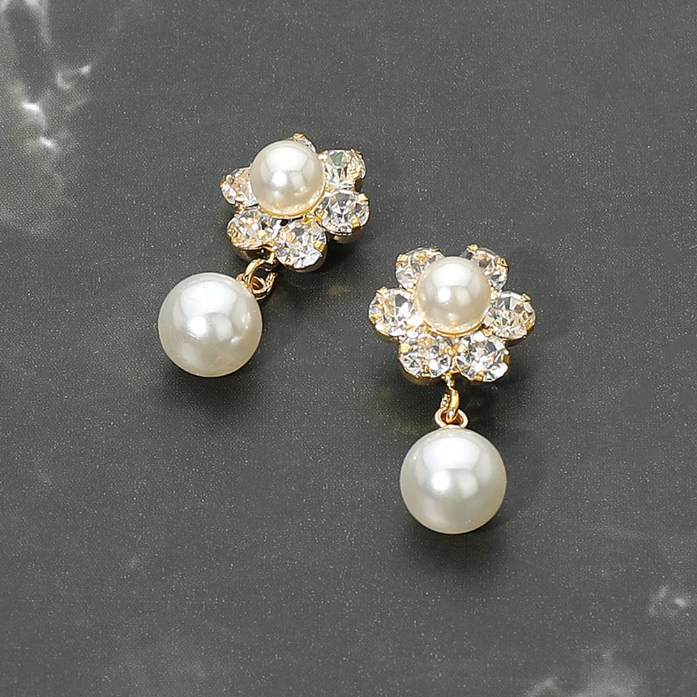 Madeline Love Cream, Gold Floral Pearl Drop Evening Earrings