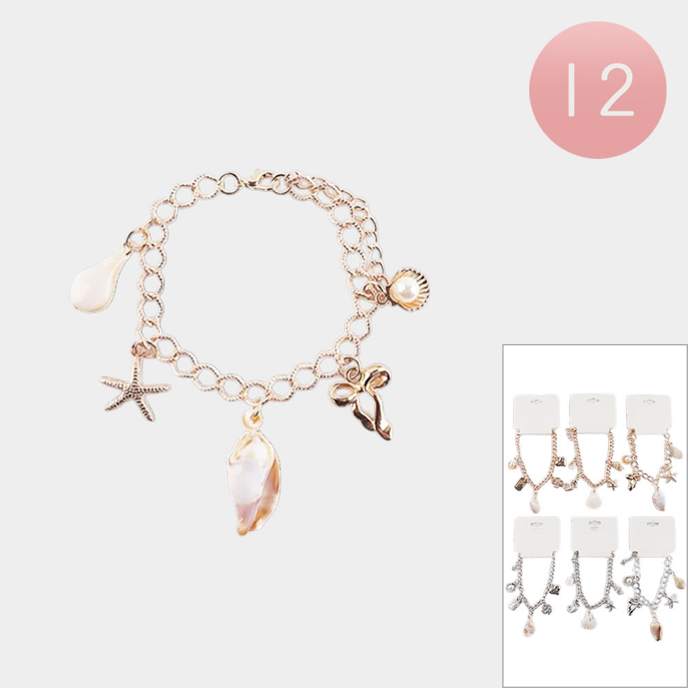 Madeline Love Assorted 12PCS - Pearl Shell Starfish Bow Charm Station Bracelets - Jewelry