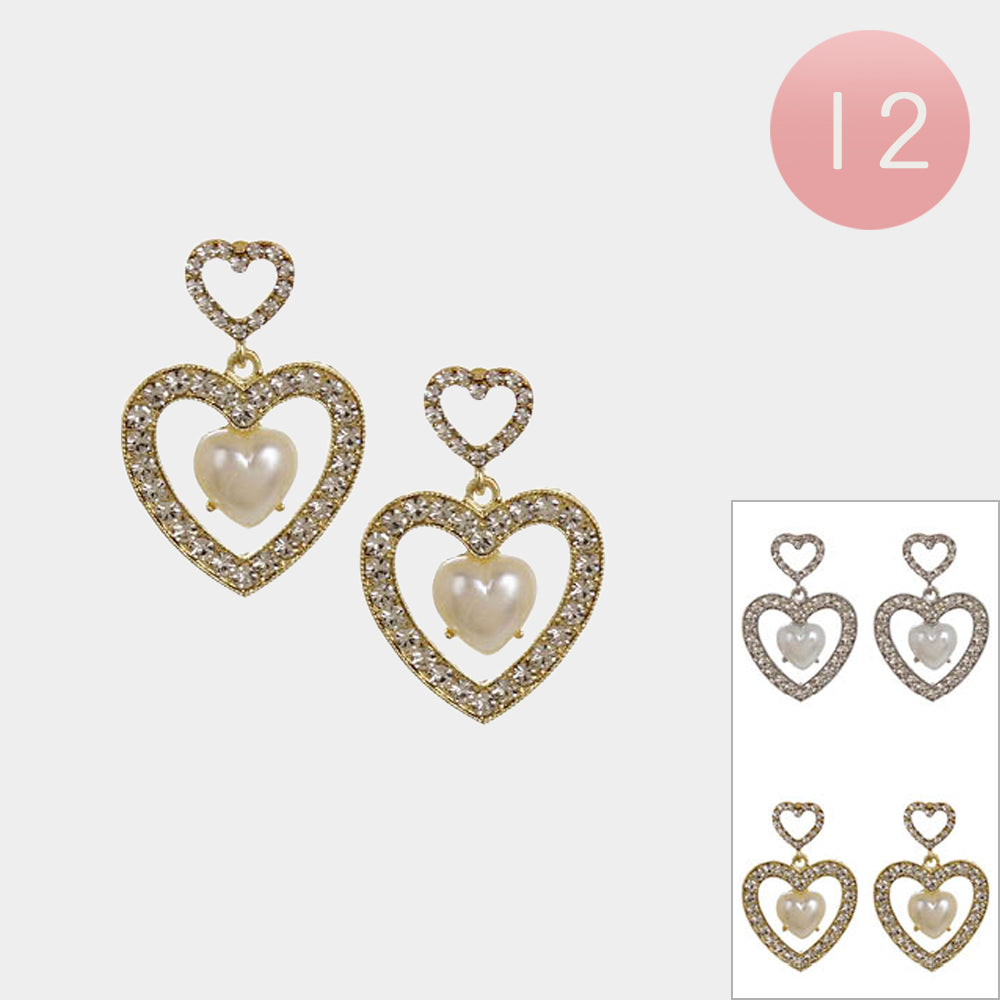 12Pairs - Heart Pearl Pointed Stone Paved Open Heart Dangle Earrings