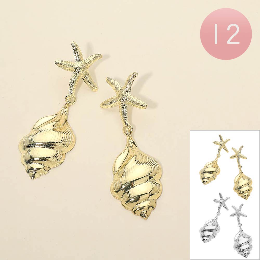 Madeline Love Gold, Silver 12Pairs - Metal Starfish Accent Shell Drop Earrings - Jewelry