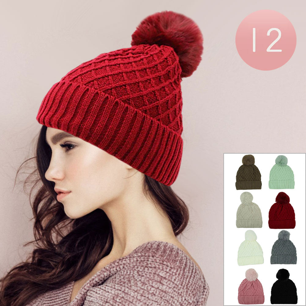 Assorted 12PCS - Pom Pom Waffle Knit Winter Beanie Hats