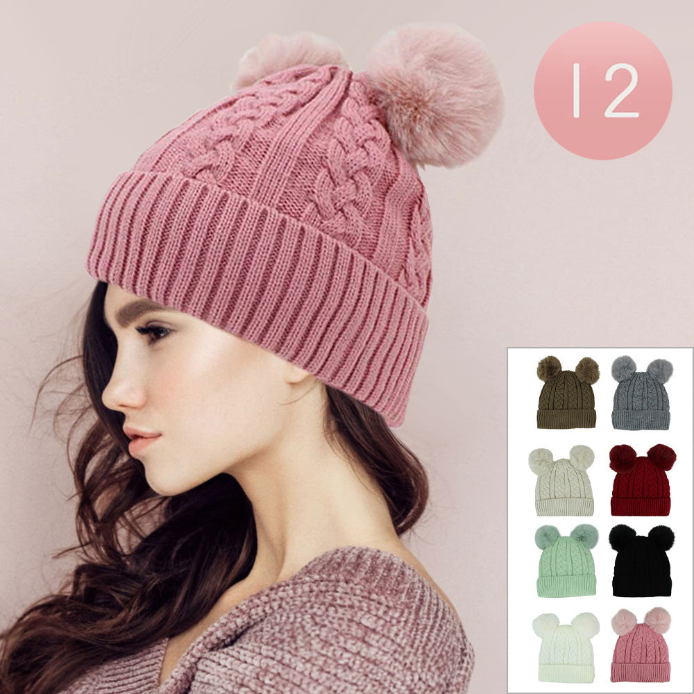 Assorted 12PCS - Double Pom Pom Cable Knit Winter Beanie Hats