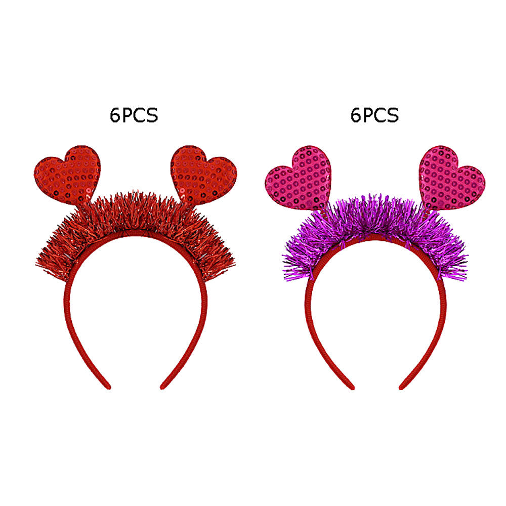 12PCS - Sequin Double Heart Tinsel Decorative Headbands - Assorted - Headbands
