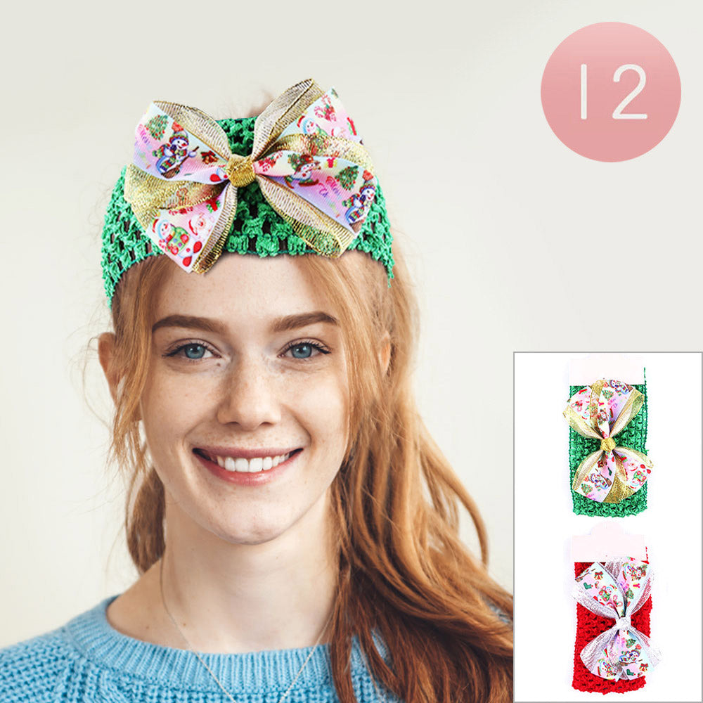 Madeline Love Green, Red 12PCS - Christmas Tree Snowman Printed Bow Accented Headbands - Kids