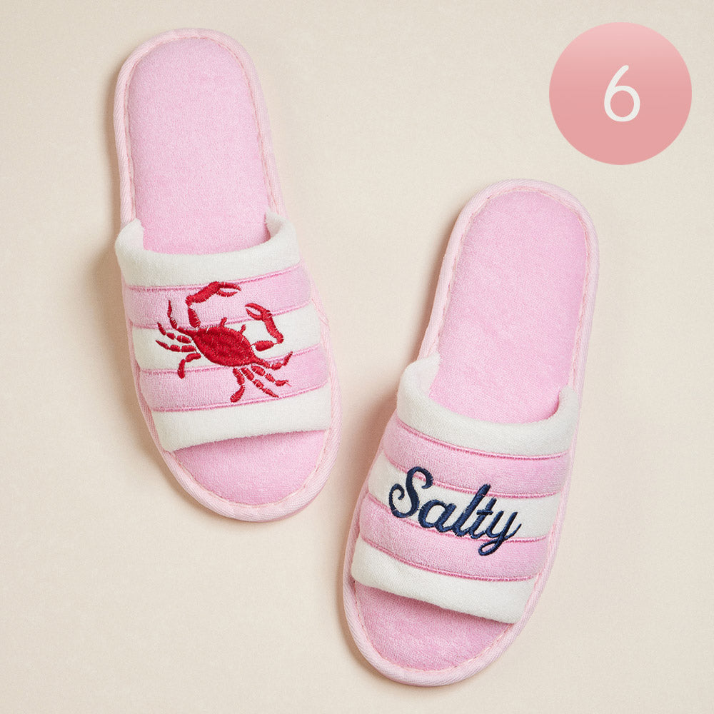 Pink 6Pairs - Crab Salty Message Embroidered Striped Pool Side Slippers / Home Indoor Floor Slippers