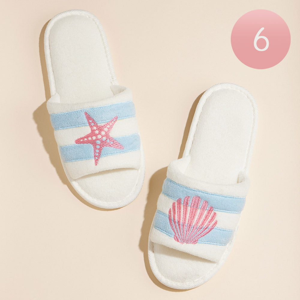Blue 6Pairs - Starfish Seashell Embroidered Striped Pool Side Slippers / Home Indoor Floor Slippers