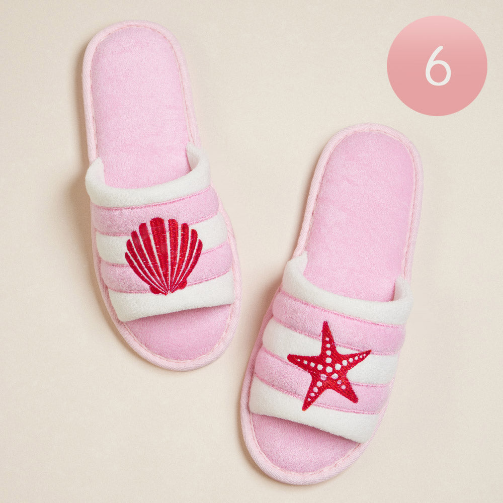 Pink 6Pairs - Starfish Seashell Embroidered Striped Pool Side Slippers / Home Indoor Floor Slippers
