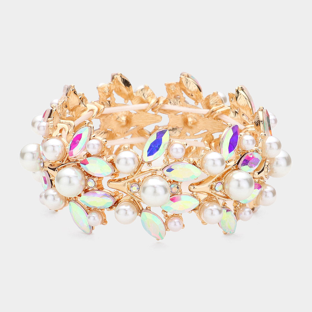 Madeline Love AB, Gold Pearl Embellished Marquise Stone Leaf Stretch Evening Bracelet - Bracelets