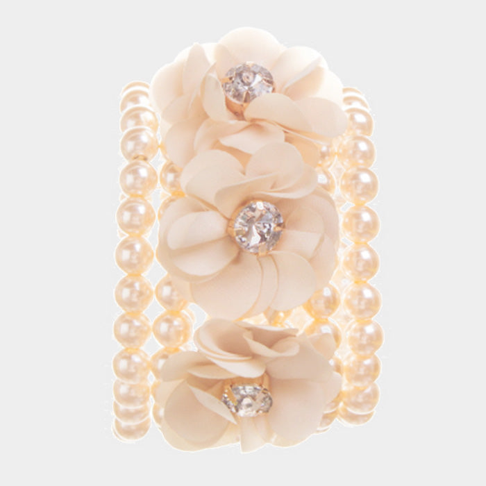 Madeline Love Cream, Ivory Detachable Flower Pin Brooch Pearl Stretch Bracelet - Bracelets