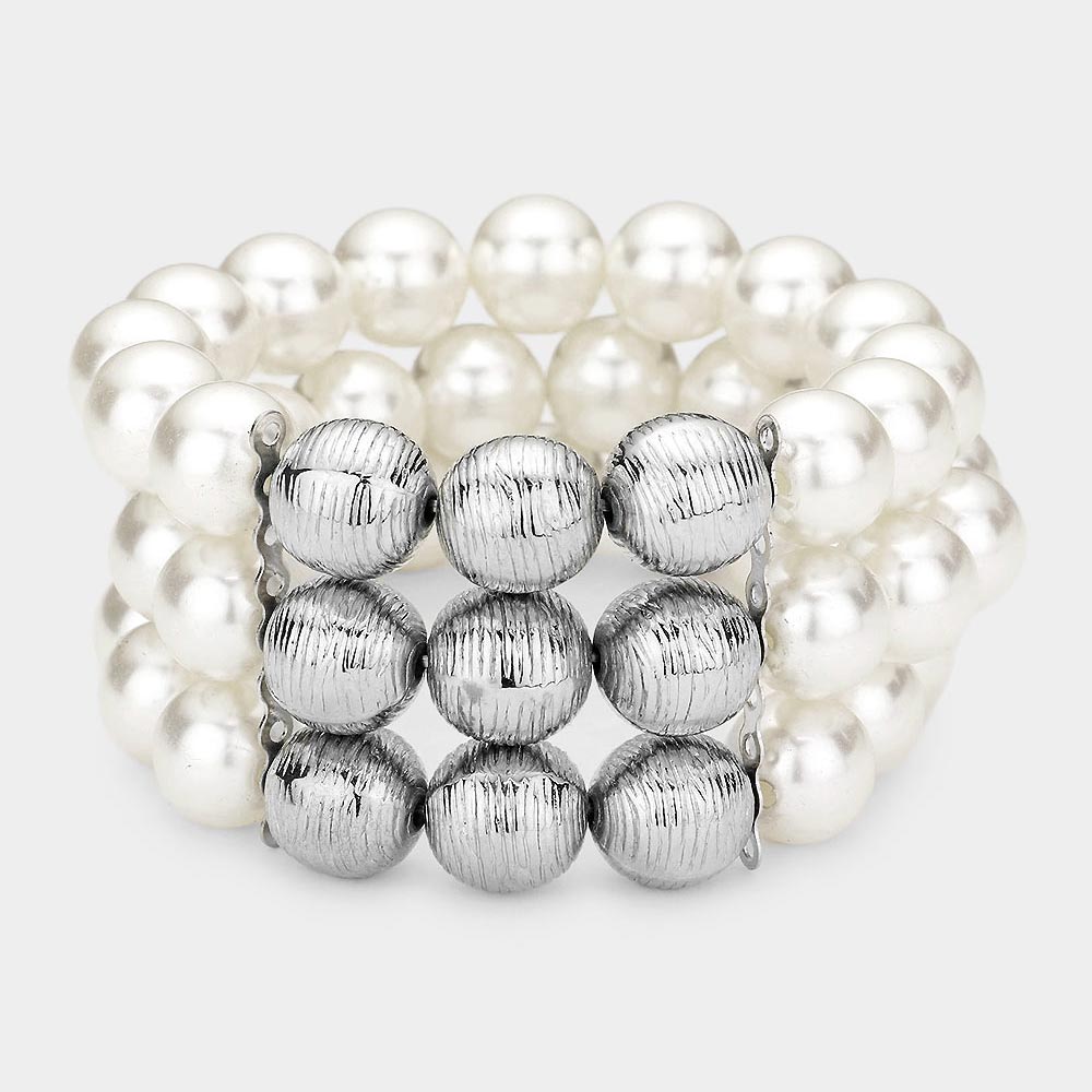 Madeline Love Rhodium, White Pearl Multi Beaded Stretch Bracelet - Bracelets