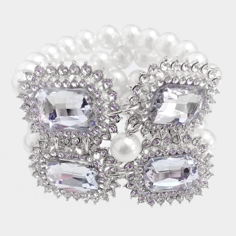 Madeline Love Clear, Rhodium, White Stone Accented Multi Layered Pearl Stretch Bracelet - Bracelets