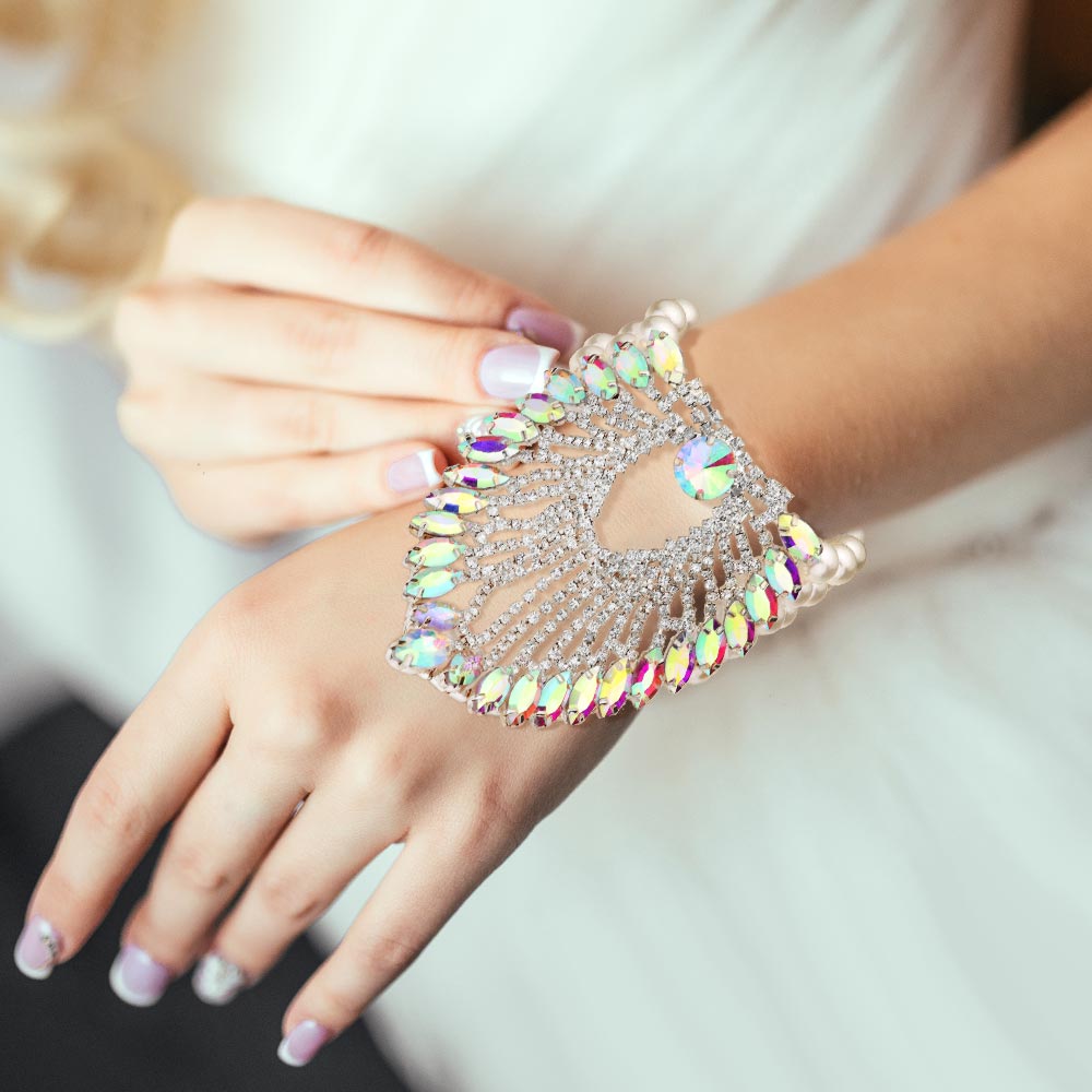 Madeline Love AB, Silver, White Marquise Stone Embellished Pearl Bracelet - Bracelets