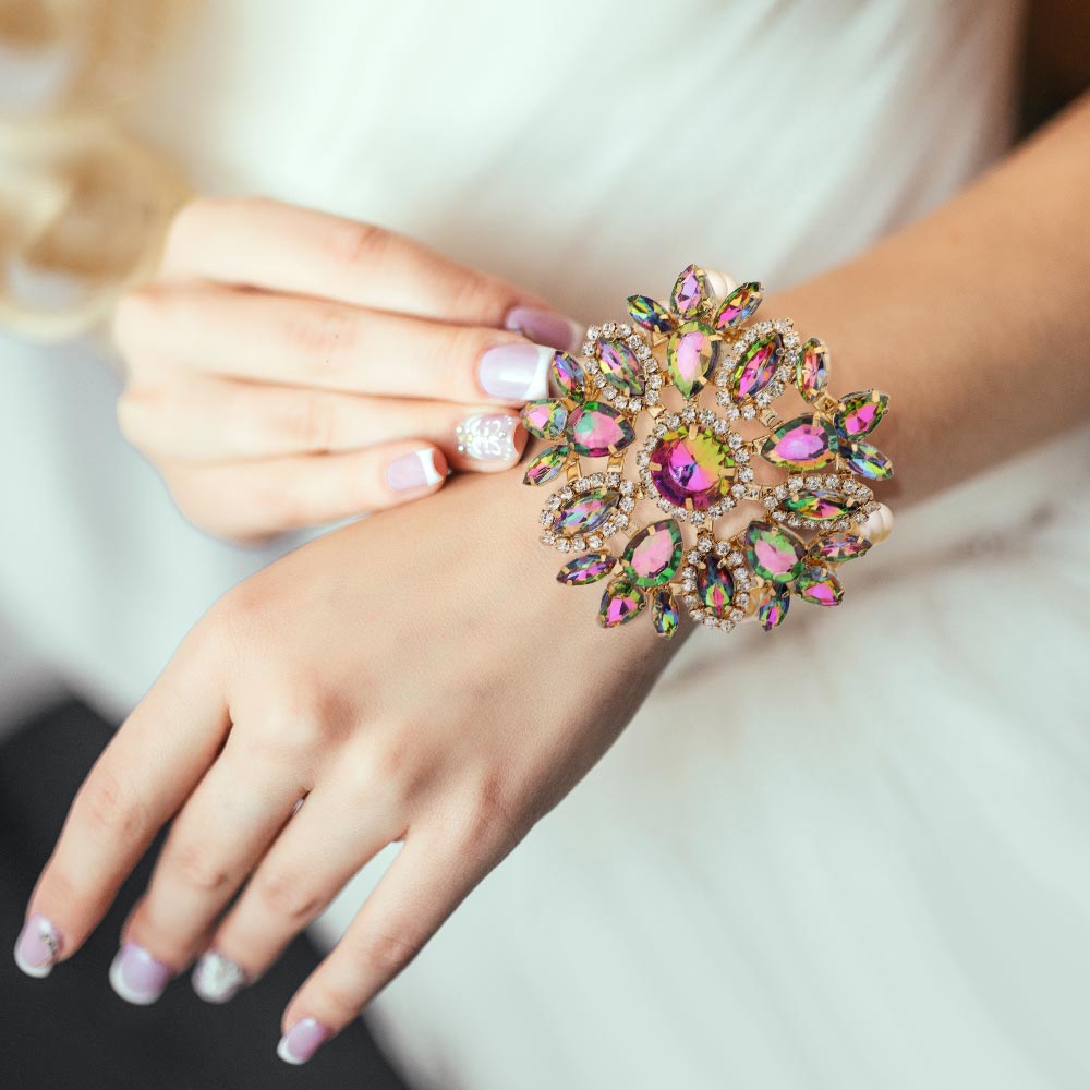 Madeline Love Cream, Gold, Multi Flower Stone Cluster Embellished Pearl Bracelet - Bracelets