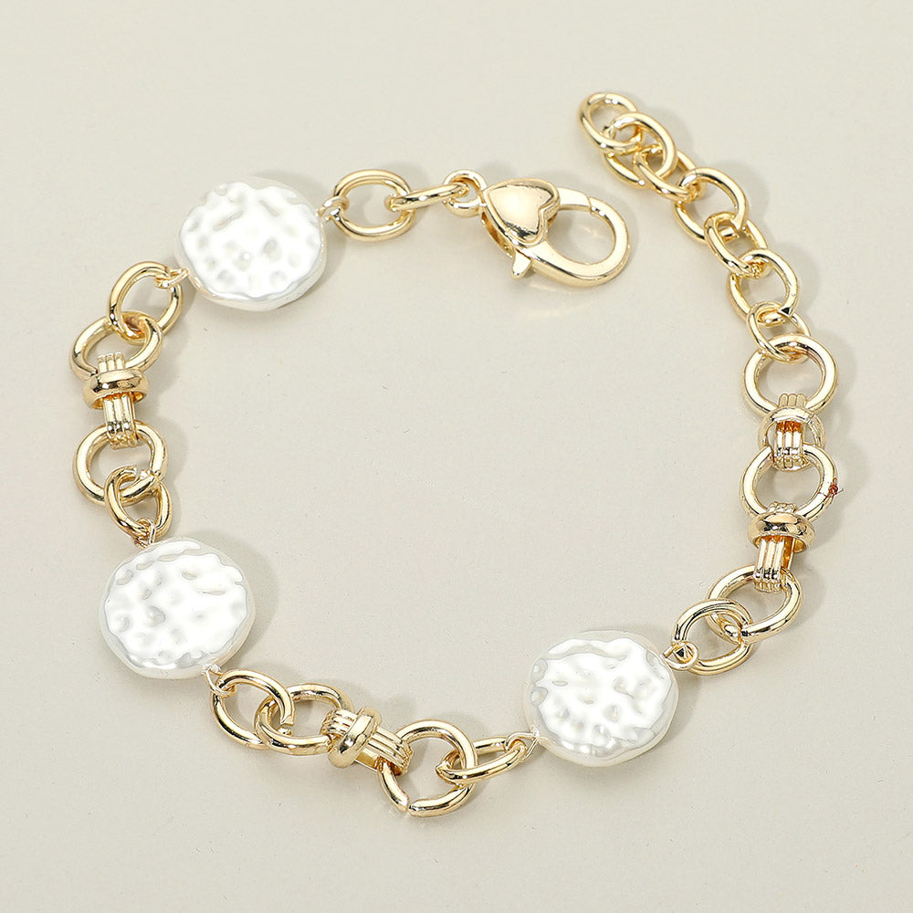 Madeline Love Gold 14K Gold Plated Textured Pearl Disc Station Chunky Chain Link Bracelet - Bracelets