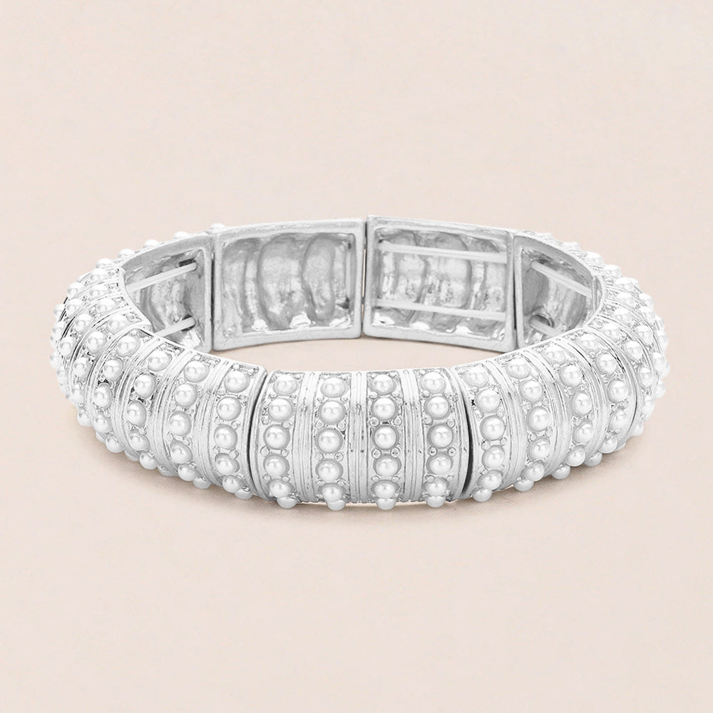 Madeline Love White, Worn Silver Pearl Paved Stretch Bangle Bracelet - Bracelets
