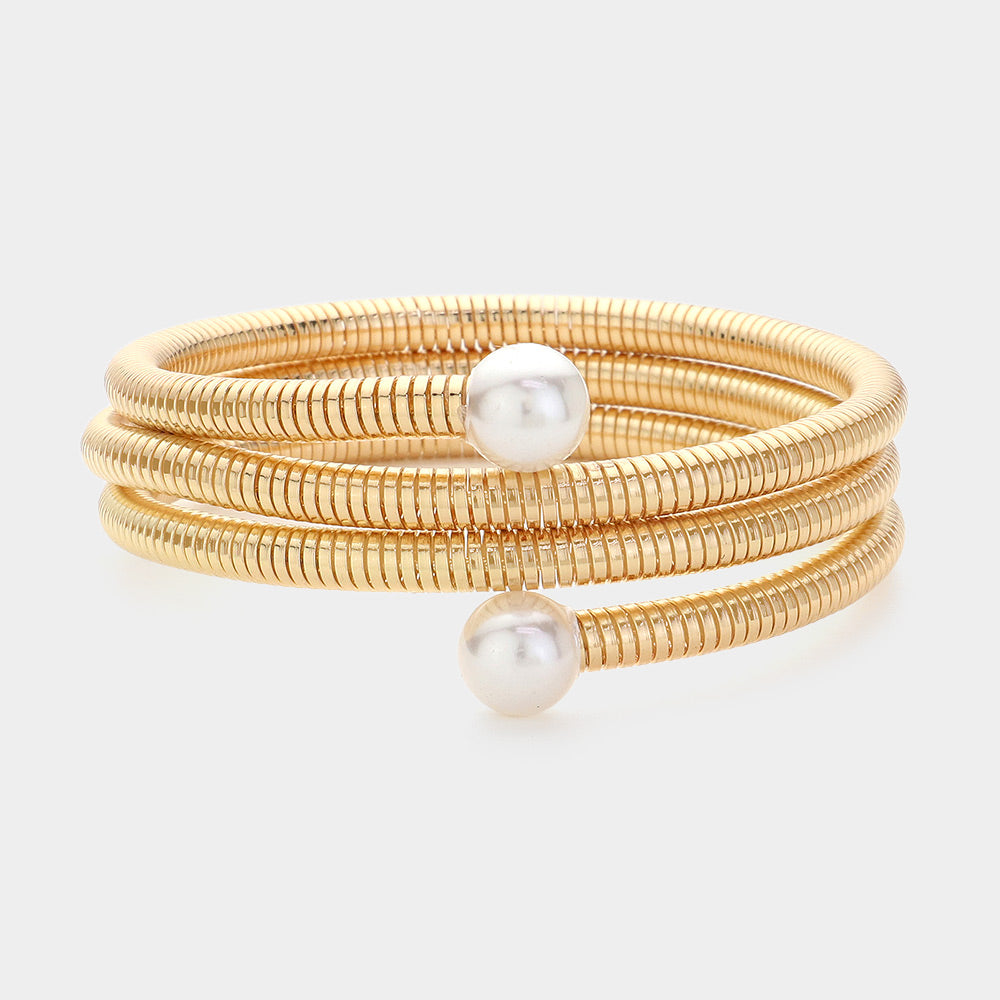 Madeline Love Cream, Gold Pearl Tip Metal Coil Bracelet - Bracelets