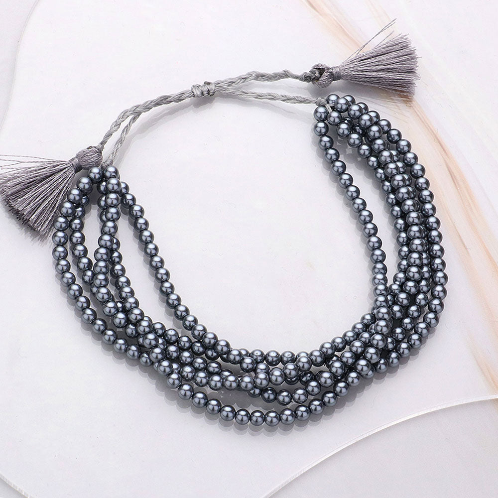 Madeline Love Gray Multi Layered Pearl Beaded Cinch Pull Tie Bracelet - Bracelets