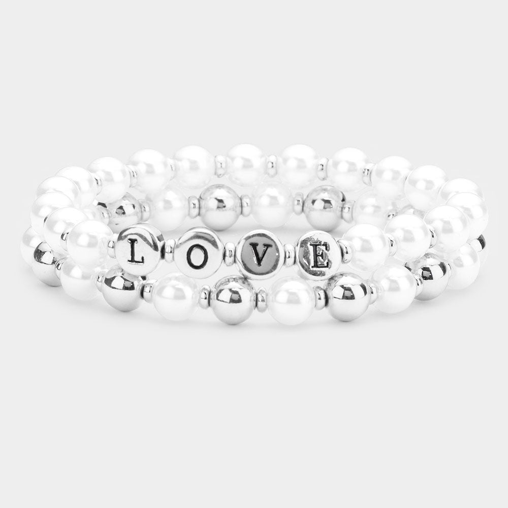 Madeline Love Rhodium 2PCS - LOVE Pearl Metal Ball Stretch Message Bracelets