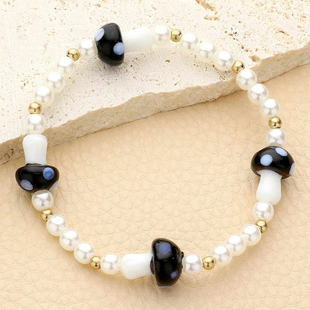 Madeline Love Black, Worn Gold Mushroom Accented Pearl Stretch Bracelet - Bracelets