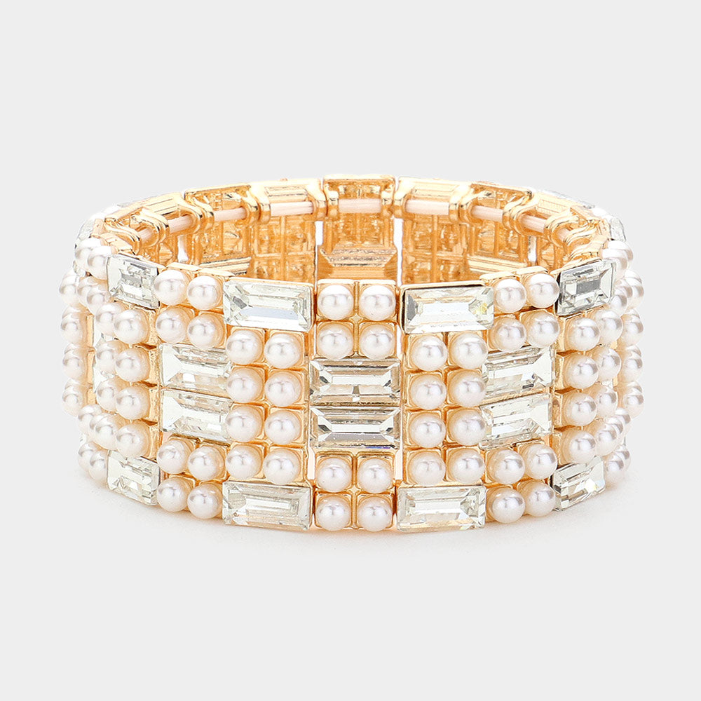 Madeline Love Clear, Gold Baguette Glass Stone Pointed Pearl Embellished Stretch Bracelet - Bracelets
