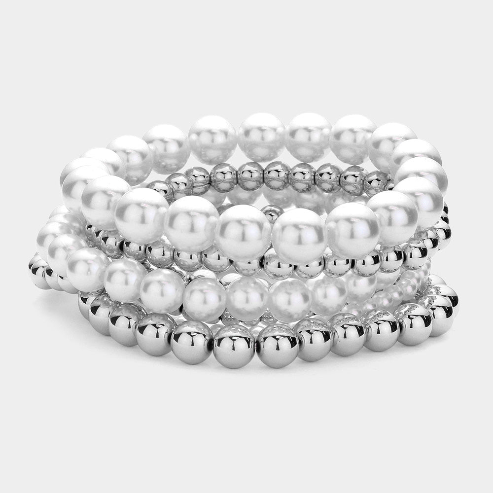 Madeline Love Cream, Rhodium 7PCS - Pearl Metal Ball Stretch Multi Layered Bracelets