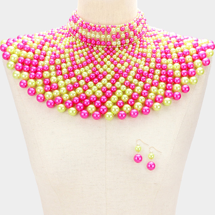 Madeline Love Pink&Green, Multi Pearl armor bib choker necklace - Necklaces