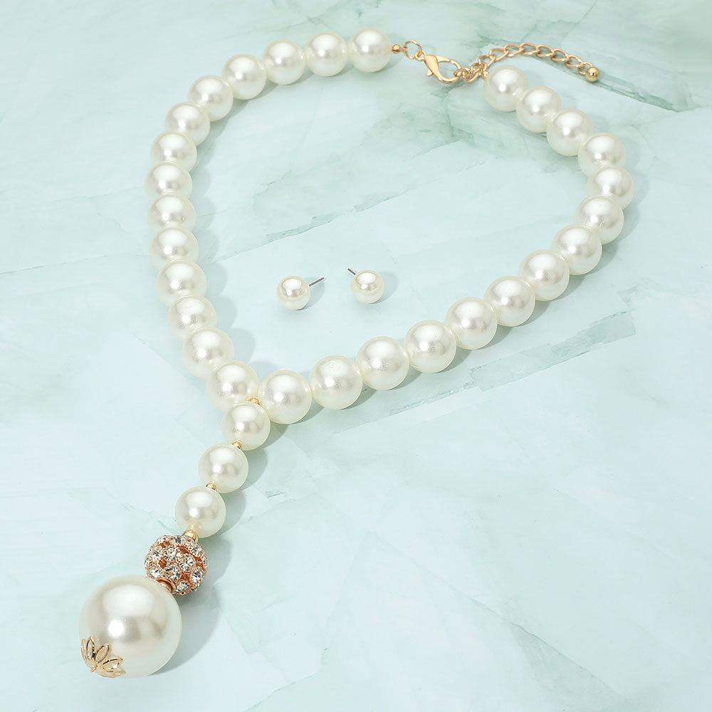 Madeline Love Cream, Gold Bold Pearl Beaded Y Shape Statement Necklace